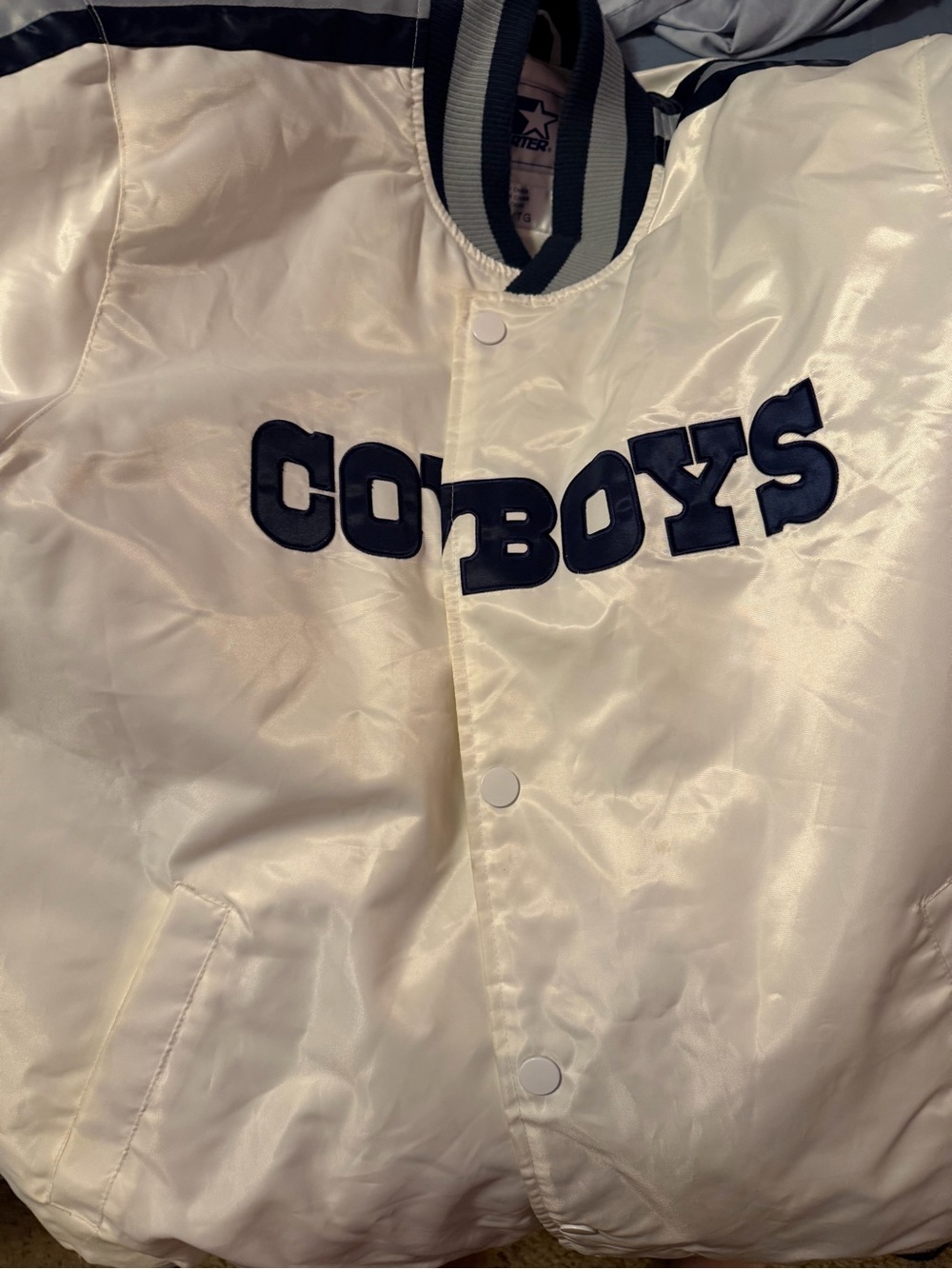 STARTER White Satin Cowboys Varsity Jacket with Navy Lettering
